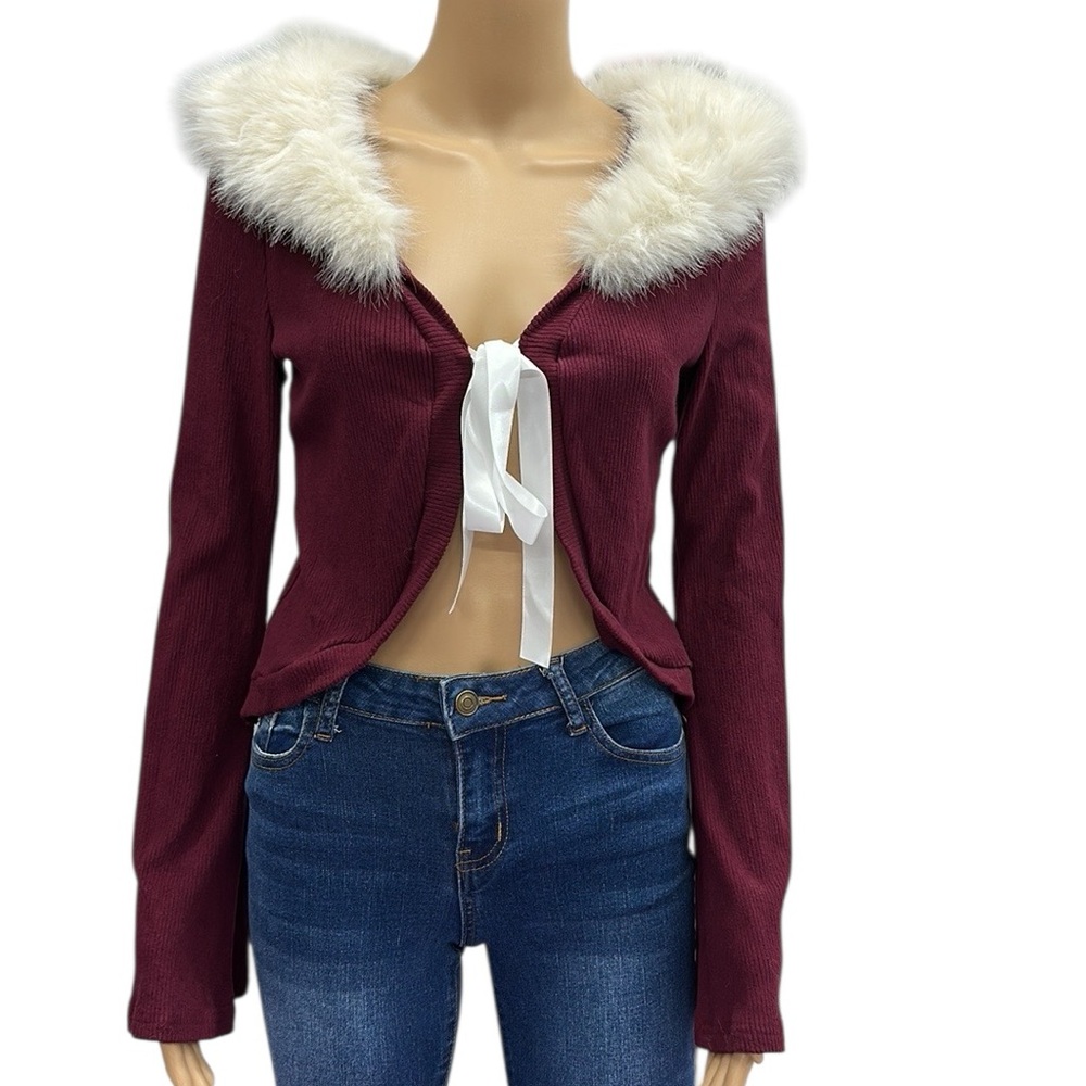 Faux Fur Removable Collar Burgundy Ribbed Knit Tie Front Bell Sleeve Cardigan M